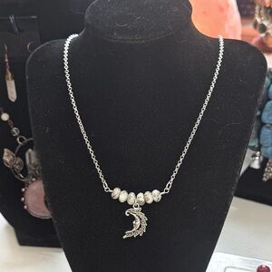 Handmade Kiwi Jasper & Crescent Moon Necklace 24”